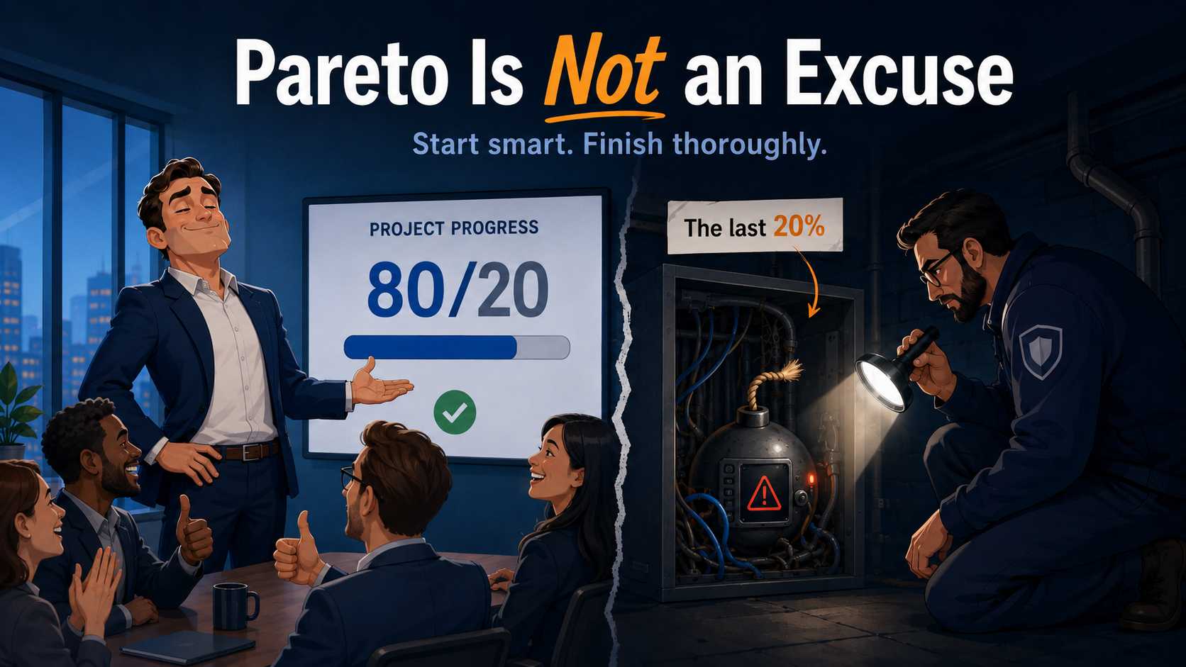 Pareto Is Not an Excuse — a manager celebrates an 80/20 "done" project while a security engineer inspects a live bomb labeled "the last 20%"